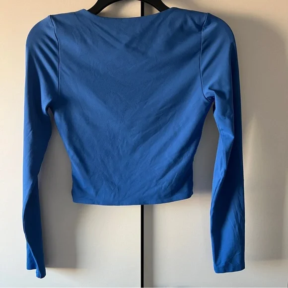 Aritzia Babaton Contour Deep V Long Sleeve Top Blue SM Sculpt Plunge Stretchy - Picture 8 of 9